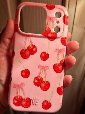 Velvet Caviar Pink Phone Case with Red Cherry Print